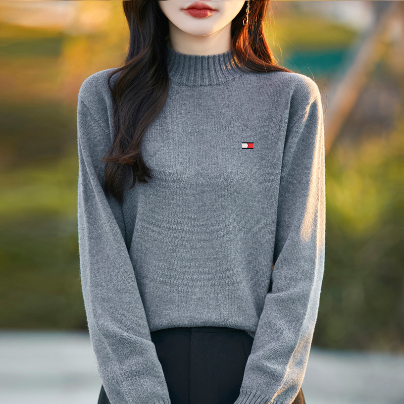 Authentic Tommy Hilfiger Women's Pure Cotton Sweater 2025 Autumn and Winter Simple Warm All-Cotton Knit Base Shirt