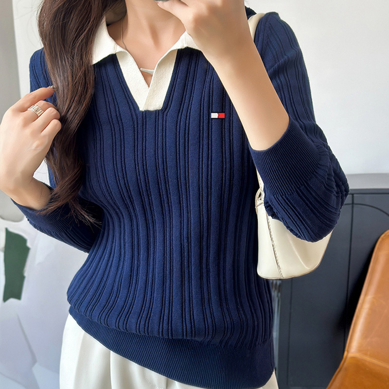 Authentic Tommy Hilfiger Women's Sweater, Autumn Pure Cotton Polo Collar Fashion Knitwear, Versatile Knitted Base Shirt