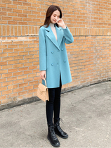 SZHZ blue bifacial cashmere big coat woman high-end 100 pure wool woolen wool coat female autumn winter new medium length