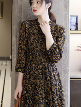 At first sight Luan tail flower print organ pleated flower small stand collar sleeve scattered autumn long dress spring and autumn