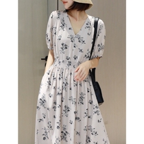 Japanese silk dress Women summer 2021 new plain print v collar long waist mulberry silk A- line dress