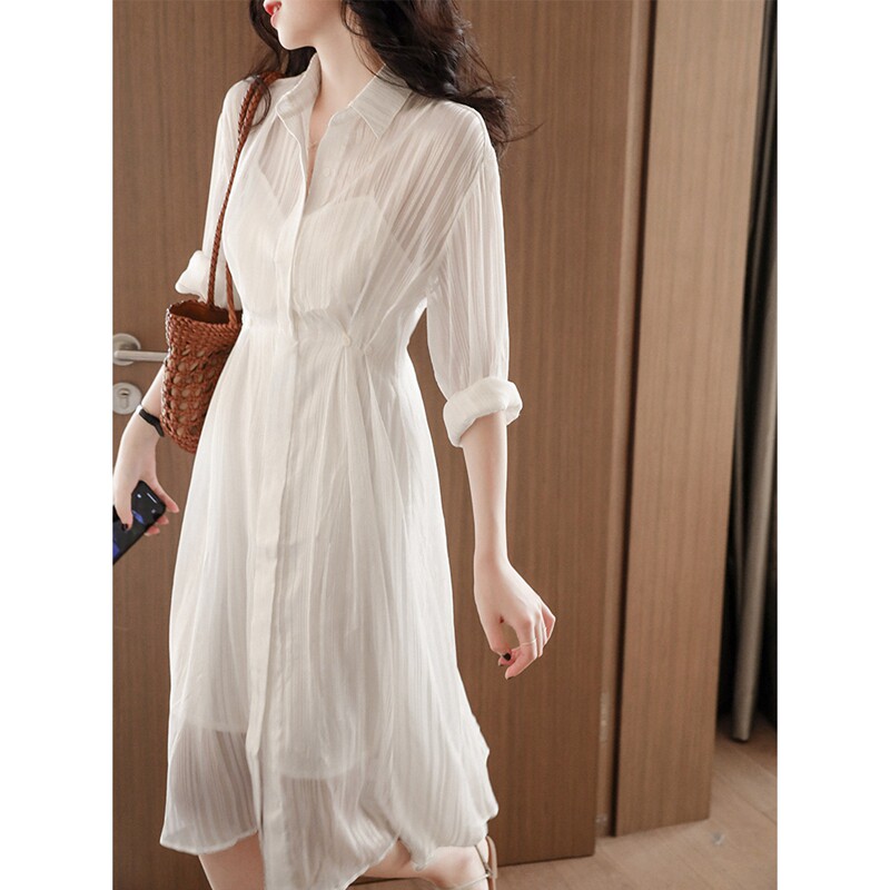 SZHZ design sensation small crowdsourced women's summer 2021 new temperament light ripened wind scoreless machine white shirt dress