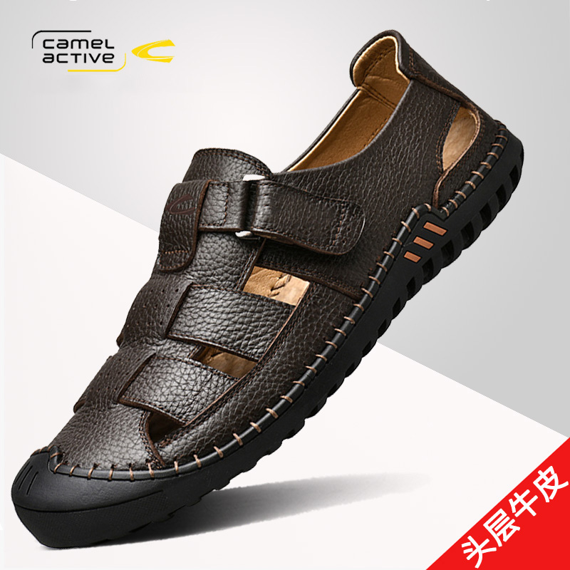 German camel dynamic sandals men's leather Baotou driving summer new soft bottom outdoor hollowed-out young dad shoes