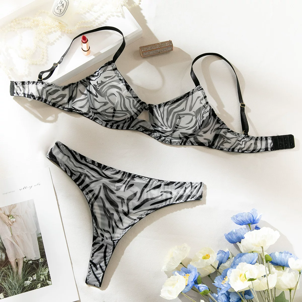 Leopard print mesh bra set Леопардовый костюм