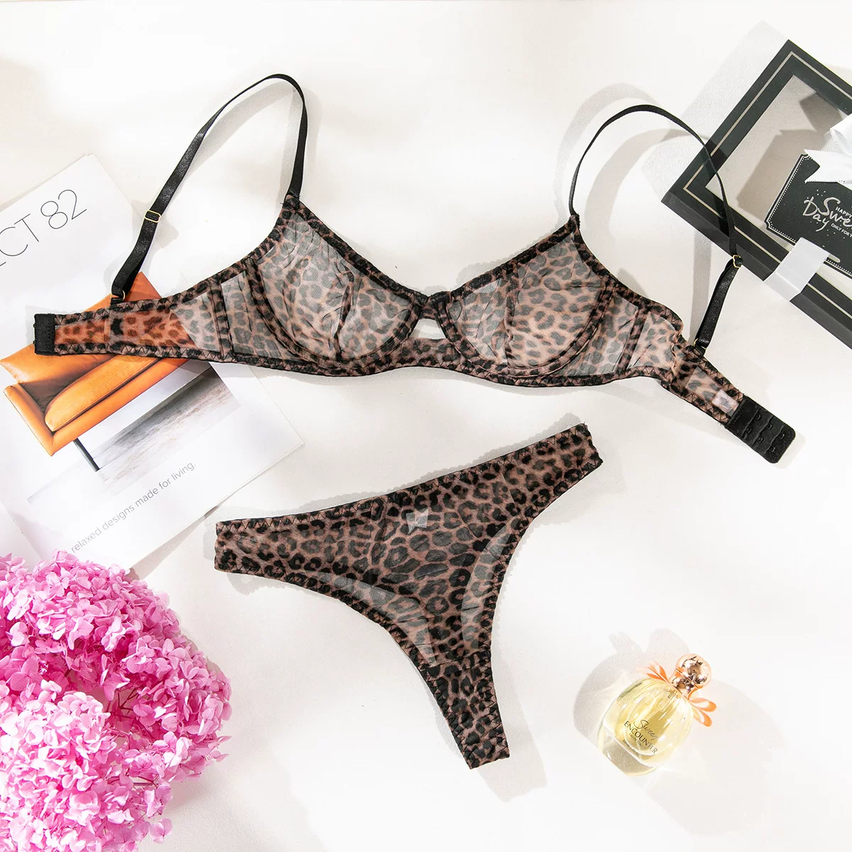Leopard print mesh bra set Леопардовый костюм