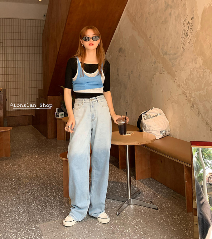 Lonslan2021SUMMER homemade small crowdsourced high waist loose with lean towering straight drum Gradual Layer Denim Pants Woman