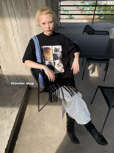 Lonslan 2023SS Новый котенок распущенные короткие -большие чашки футболка