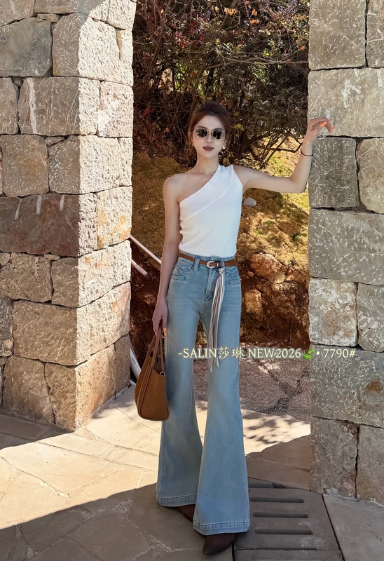 Salin 7790 Slim Fit Flap Pocket Flared Pants 2026 Spring Silk Scarf Belt Decorated Jeans for Women