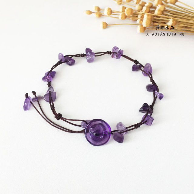 Amethyst anklet ສໍາລັບແມ່ຍິງ 2022 ສະເຫຼີມສະຫຼອງອິນເຕີເນັດໃຫມ່ ins recruitment peach blossom hand-woven students style old temperament forest style