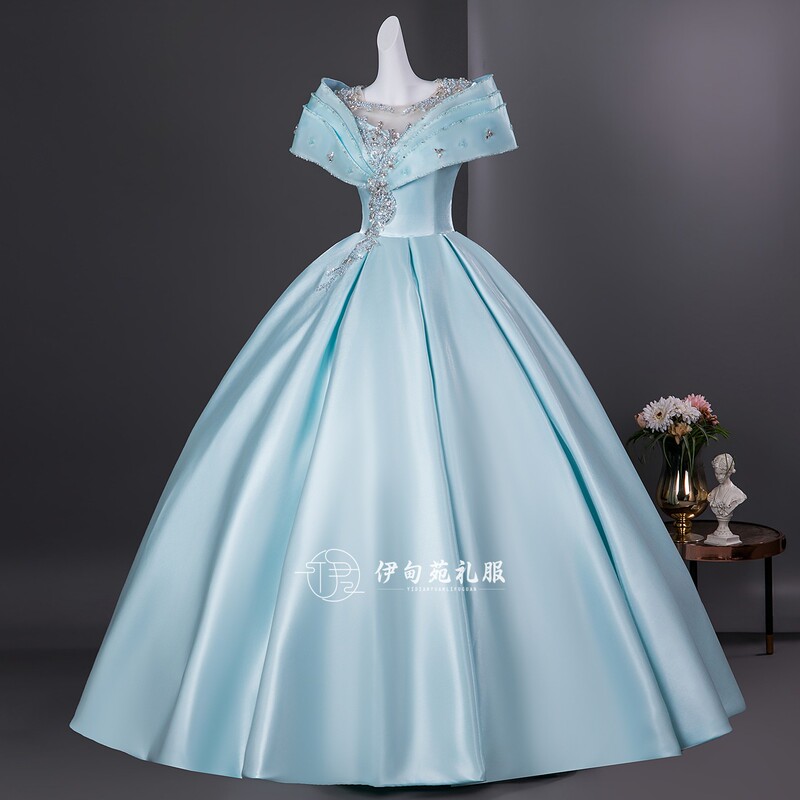 Tiffany Blue High-End Satin Off-Shoulder Evening Gown with Heavy Embellishments and Rhinestones for Vocal Arts Exam, Bel Canto Solo Stage Performance Costume Tiffany Blue High-End Satin Off-Shoulder Evening Gown with Heavy Embellishments and Rhinestones for Vocal Arts Exam, Bel Canto Solo Stage Performance Costume