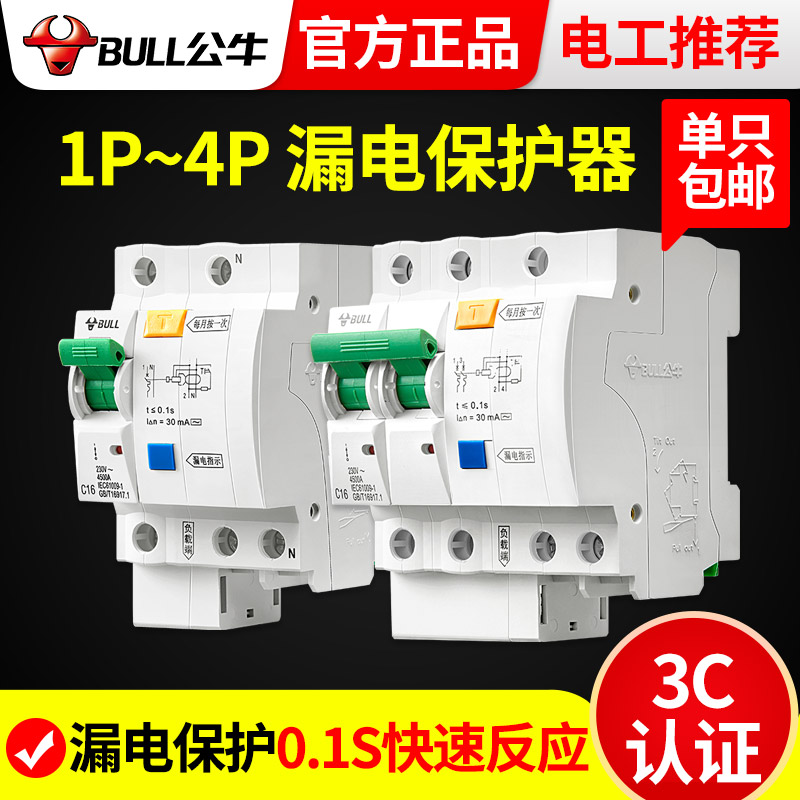 Bull 2p air switch with leakage protector master switch circuit breaker home 220V water heater 63a empty open