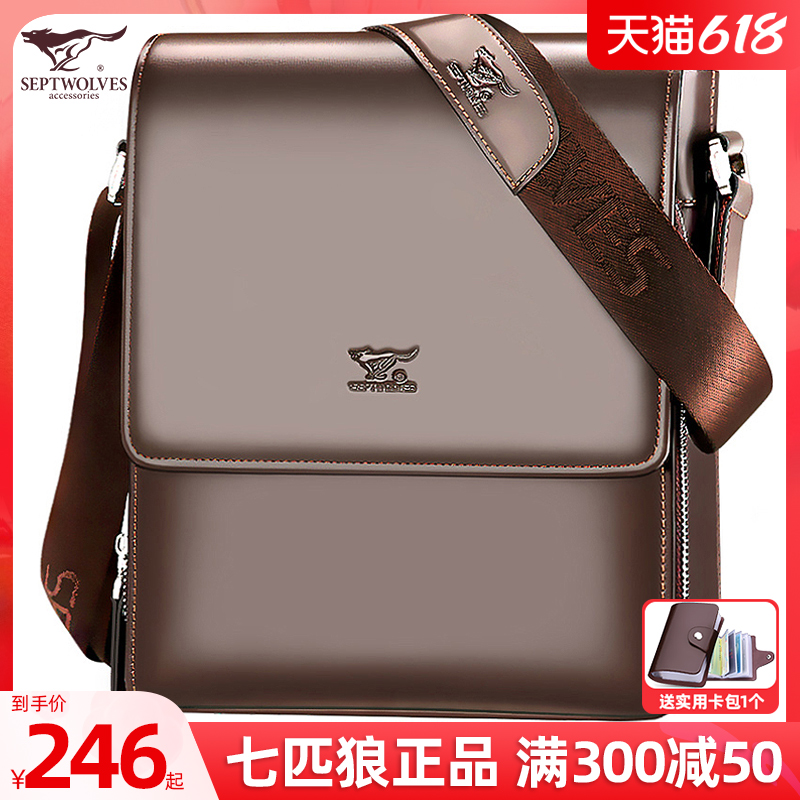 Seven Wolves Genuine Leather Men's Bag Single Shoulder Bag Men Skew Satchel Bag Briefcase Male Business Bull Leather Bag Casual Little Scapegoat