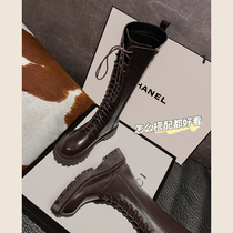 FXSO Square Alley Rider Boots Woman 2022 Spring new brown thick bottom Lean Lace high length Boots Long Boots