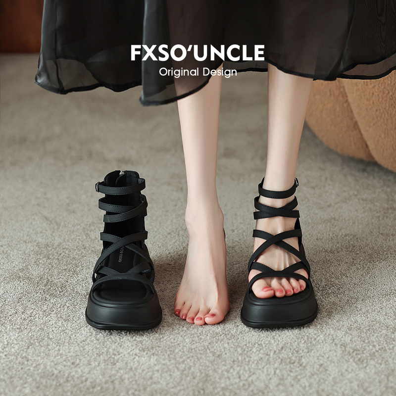 Sheepskin Square Alley Uncle's Height-Increasing Black Sandals for Women 2026 New Summer Lace-Up Super Stylish Thick-Soled Roman Shoes Sheepskin Square Alley Uncle's Height-Increasing Black Sandals for Women 2026 New Summer Lace-Up Super Stylish Thick-Soled Roman Shoes