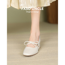 Genuine leather version FXSO square alley Antique Mary Rare Shoes Woman 2022 New butterfly knot coarse with shallow mouth 100 lap single shoe woman