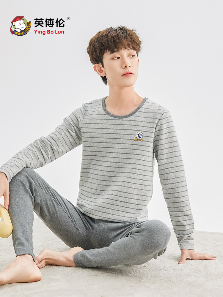 Inblen teenagers' autumn clothes and long johns pure cotton men's junior high school and high school students big children's thickened thermal underwear set