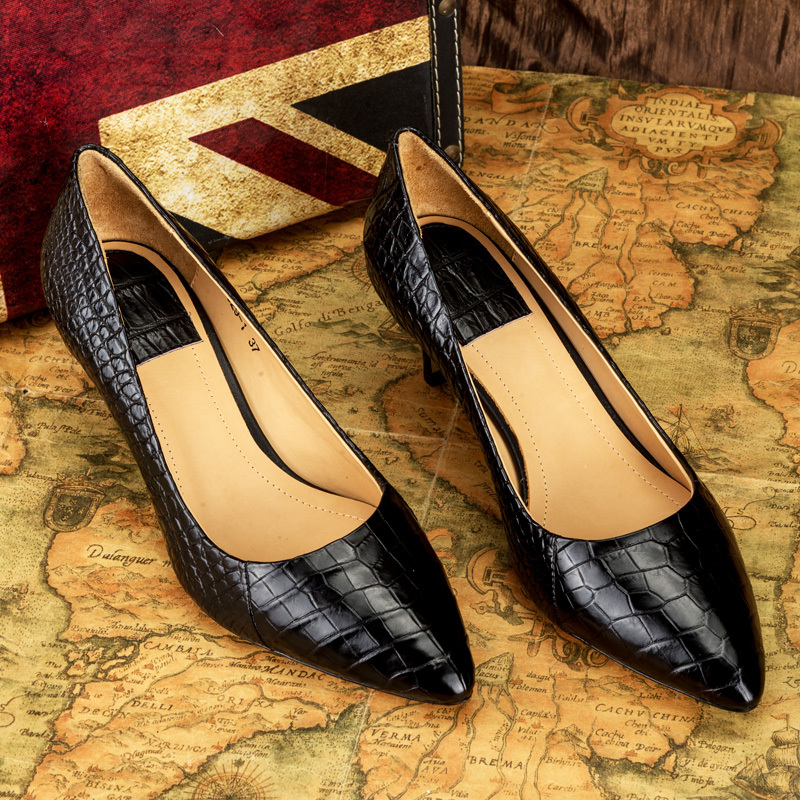 2021 Crocodile Leather Stiletto Heels Women's Genuine Leather Spring and Autumn New Style Elegant Socialite Fashion Versatile Pointed Toe Shallow Mouth Pumps