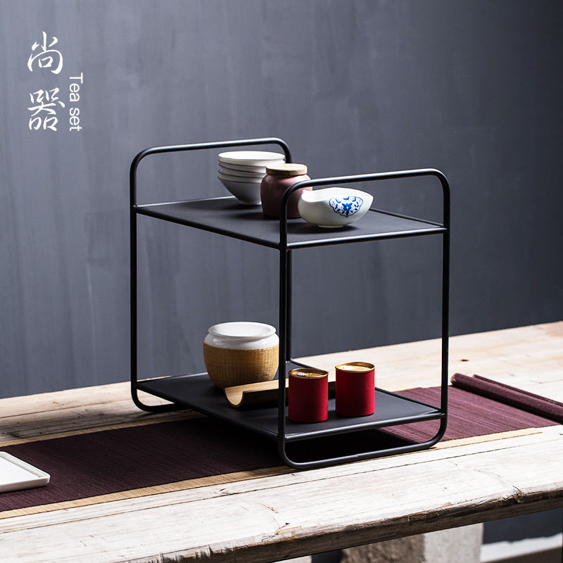 Japanese-style double-layer wrought iron tea shed coffee table storage rack kung fu tea set accessories desktop table rack tea cup cup holder