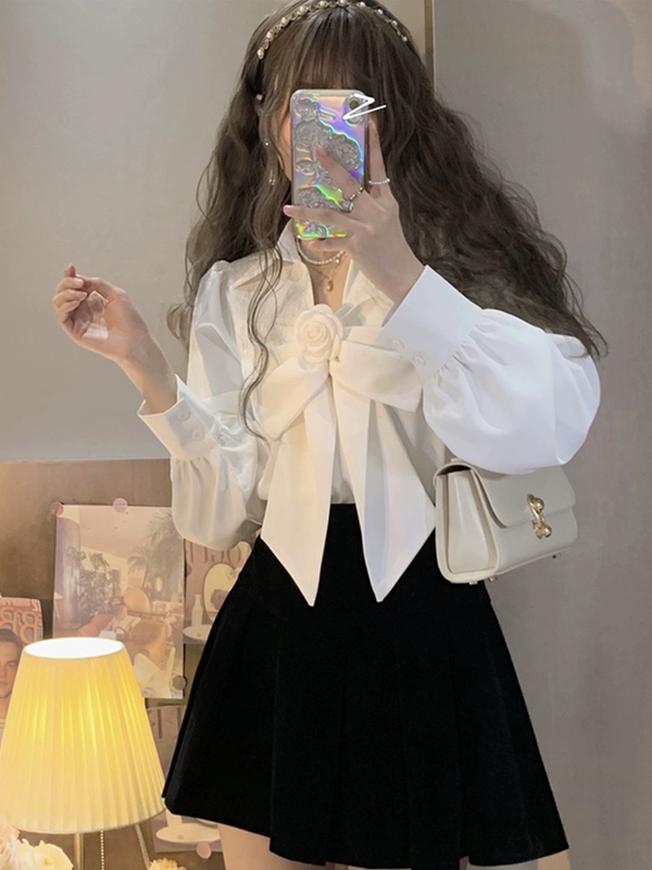 Lace-Up Bow Shirt, New Style for Spring, Autumn and Winter, Plus Size for Fat Girls, Long-Sleeved, Stylish Inner Shirt, Outer Wear Top for Women
