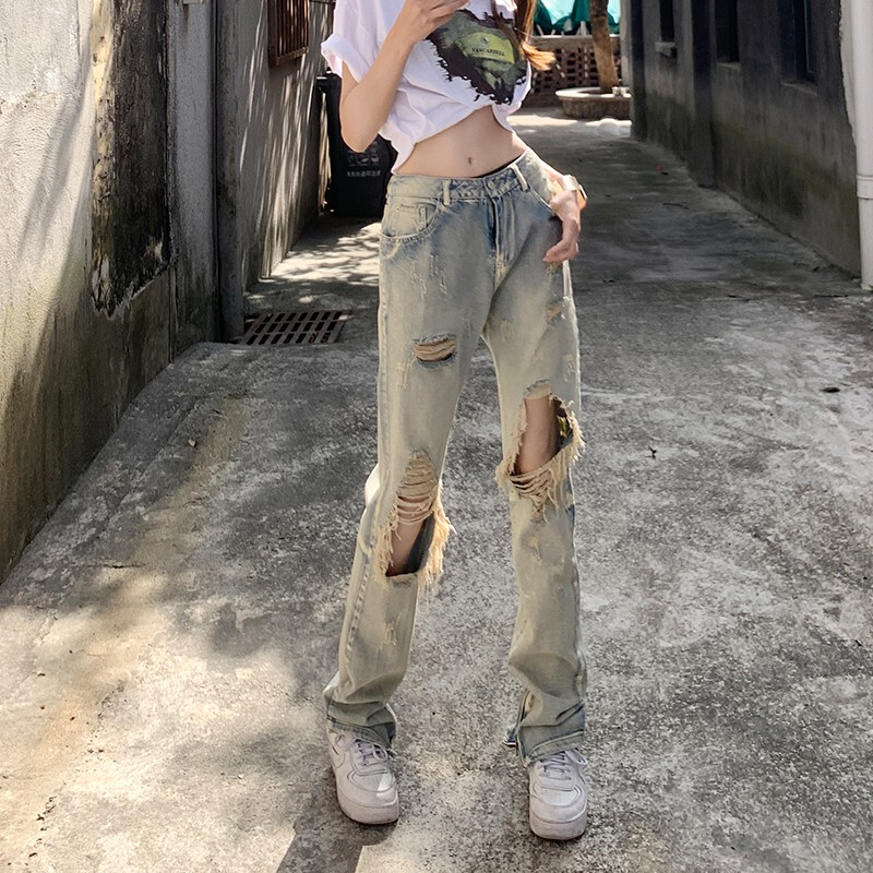 Plus-Size Hot Girl Ripped Straight-Leg Jeans for Women, New Spring/Summer High-Waisted High-Street Distressed Floor-Length Pants