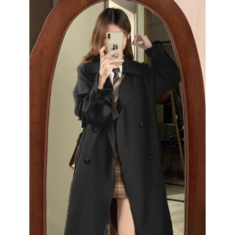Plus Size Black Windbreaker Jacket for Women in Spring, Autumn and Winter, Mid-Length Korean Style High-End Over-The-Knee Loose British Style Coat Plus Size Black Windbreaker Jacket for Women in Spring, Autumn and Winter, Mid-Length Korean Style High-End Over-The-Knee Loose British Style Coat