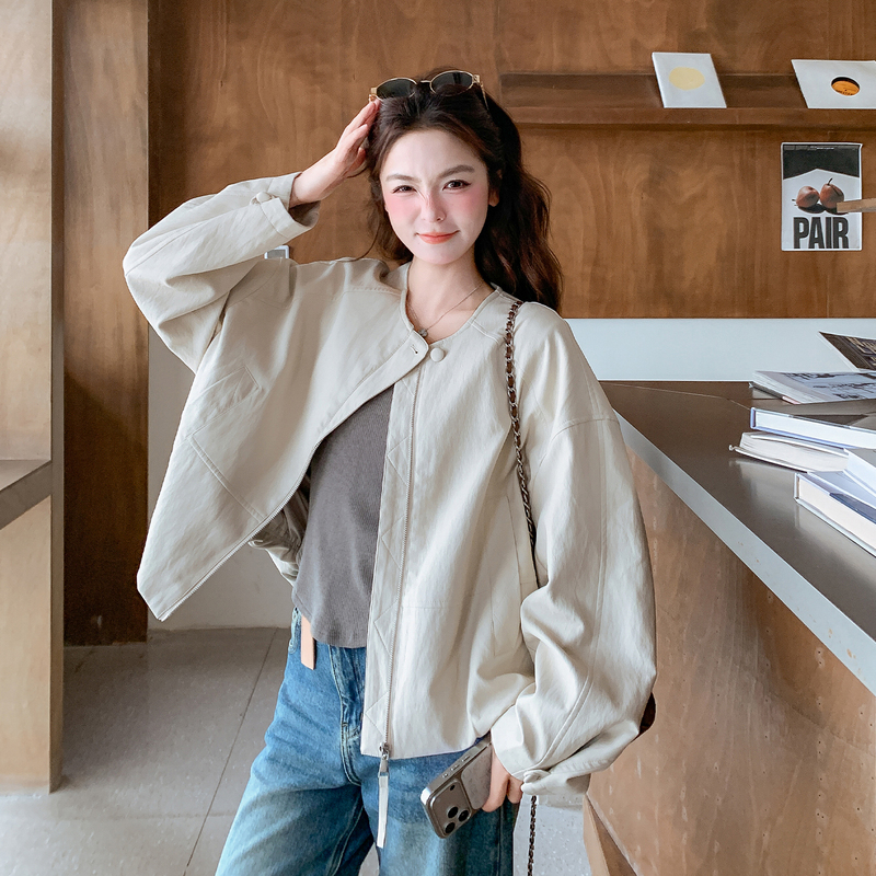 Korean-Style Cream White Round-Neck Oversized Leather Jacket for Women 2026 Spring and Autumn New Trendy Fashion Casual Jacket