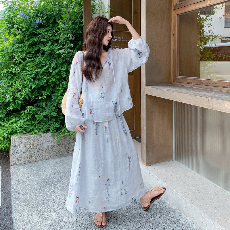 Fresh, Relaxed, and Lazy Style Light Blue Embroidered Set for Women 2026 Summer Tie-Neck Shirt and Skirt Two-Piece Set