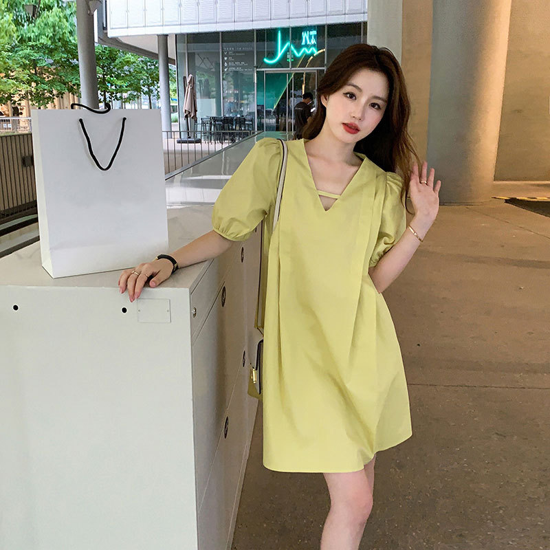 First Love Pure and Innocent Petite French-Style Yellow Sweet and Cute Temperament Dress V-Neck Slimming A-Line Babydoll Dress for Women Summer