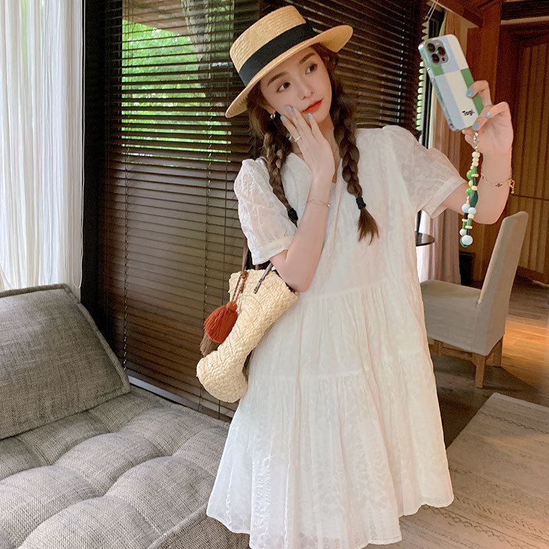 Summer French-Style Pure and Sweet Petite Puff-Sleeve High-Waisted Fairy First Love Dress White V-Neck Dress for Women