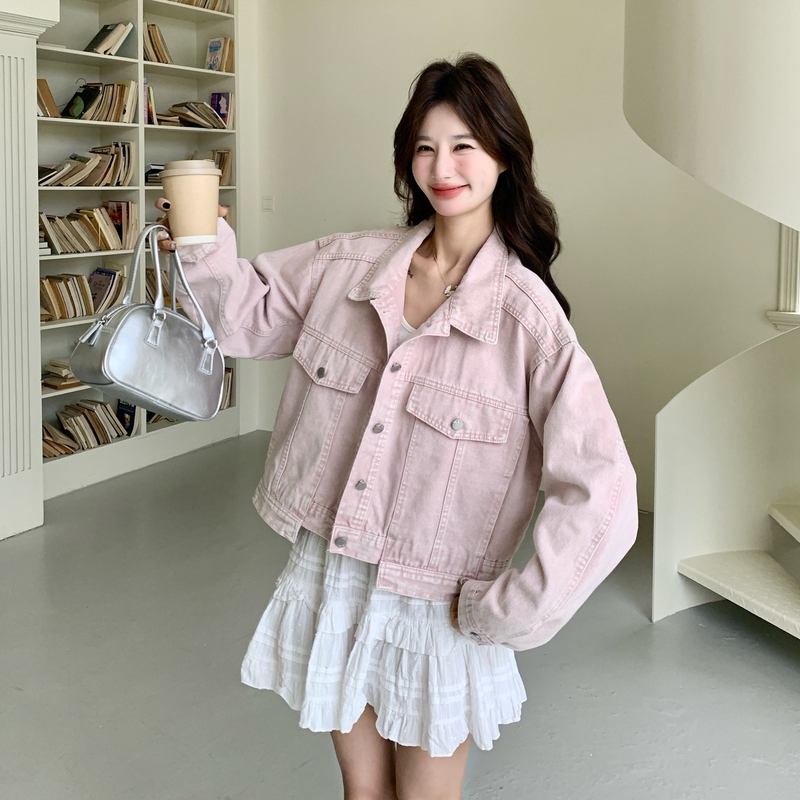 Pink Casual Sweet Cool Short Denim Jacket for Women 2026 Spring and Autumn New Versatile Age-Reducing Workwear Denim Jacket