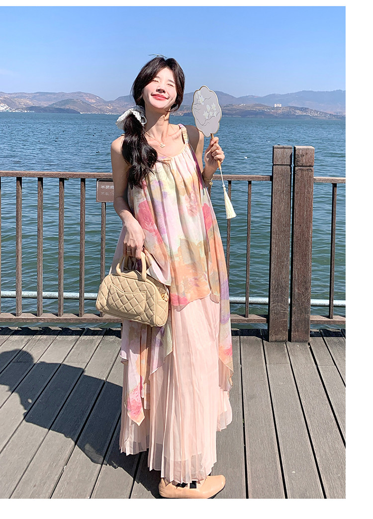 ワンピース】フェアリームード ピンク花柄シフォンキャミワンピース