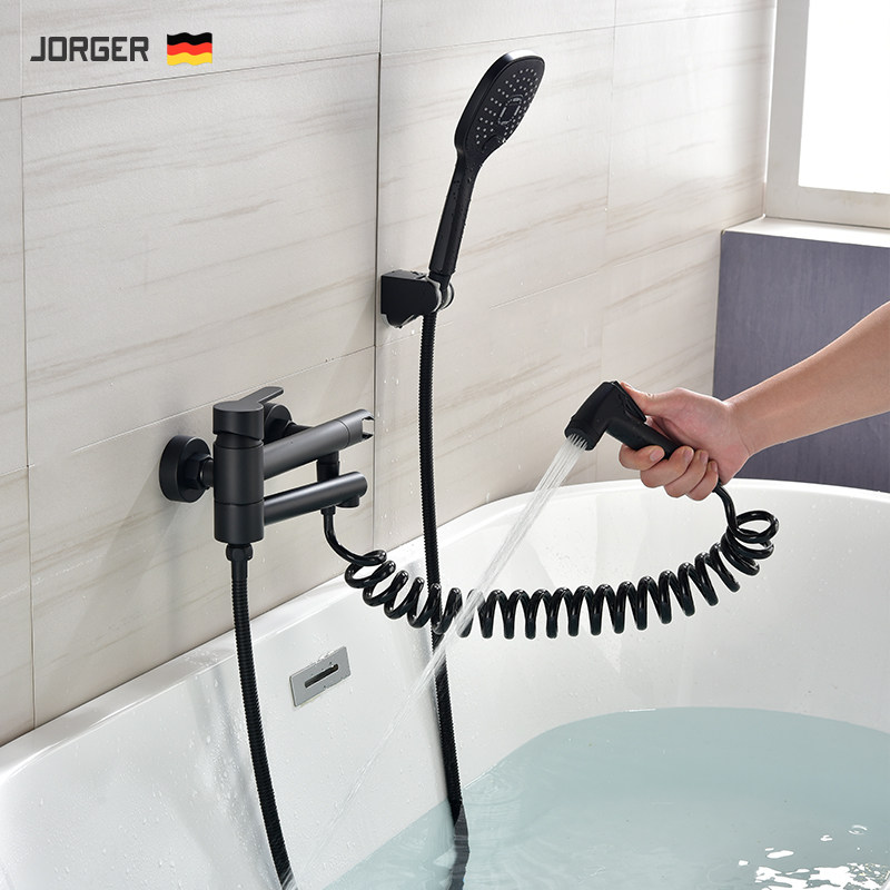 German Jorger black all copper bathtub faucet into the wall type hot and cold shower surface mixing valve shower set