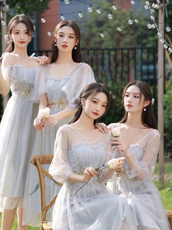 Yansha Ding Gray Bridesmaid Dress 2026 New Style Plus Size Slimming Sister Group Fairy-Like Elegant Evening Dress Student Performance