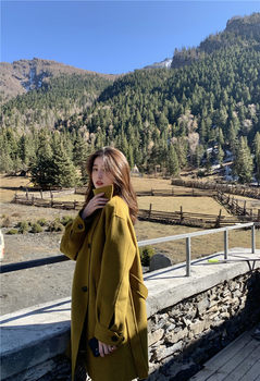 DAHUANG大黄 复古显白芥末色 中长款高支全羊毛双面毛呢外套2024