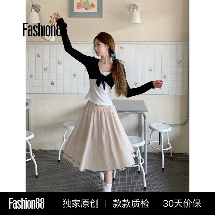 Taozhizhi Korean Style New Set: Bow-Tie Long-Sleeve Cardigan + Loose Puffy A-Line Skirt Set
