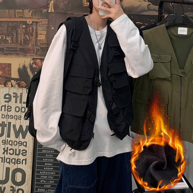 Autumn Winter Plus Suede Thicken machine waistcoat Male Chauffles Ins windward Multi-pocket loose Tactical vest jacket