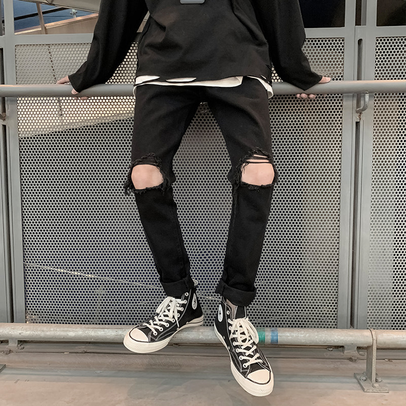 Spring and summer ripped jeans, men's trendy brand, Korean version, slim fit, small foot trend, trendy, trendy, beggar pants, black cropped pants 