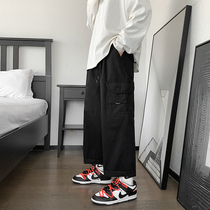 Autumn overalls men's fashion brand ins Hong Kong style wide-legged pants men's Korean fashion loose straight casual pants
