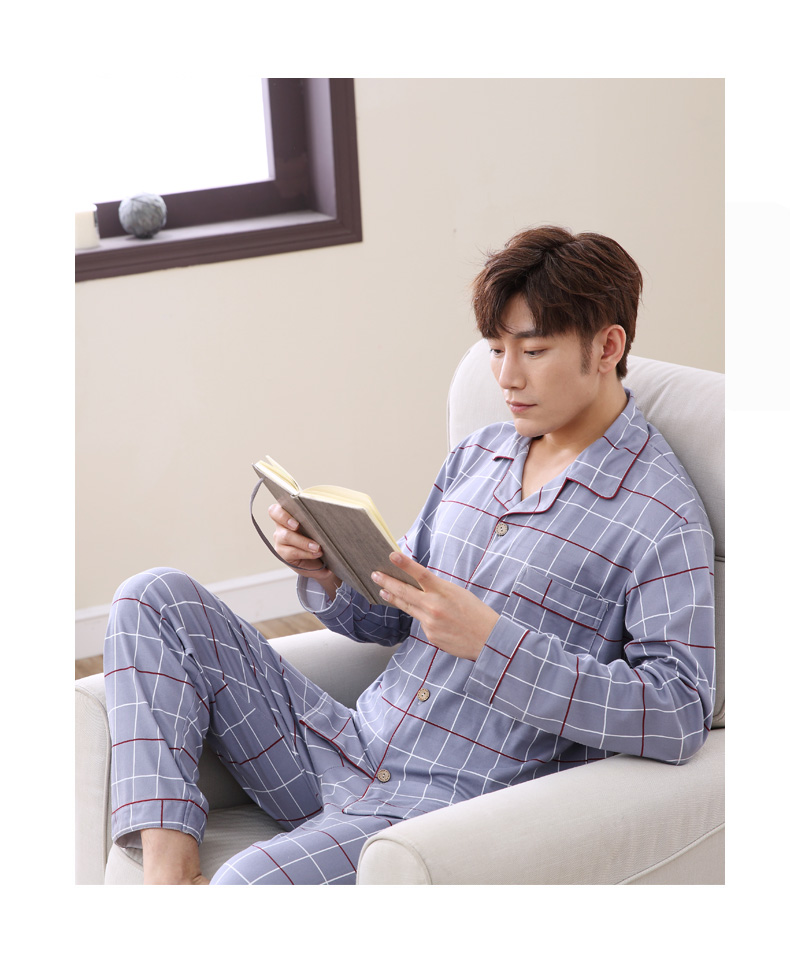 Bộ đồ ngủ mùa xuân cho nam dài tay Cotton mùa xuân và mùa thu Thanh niên đồ bộ mặc nhà cao cấp