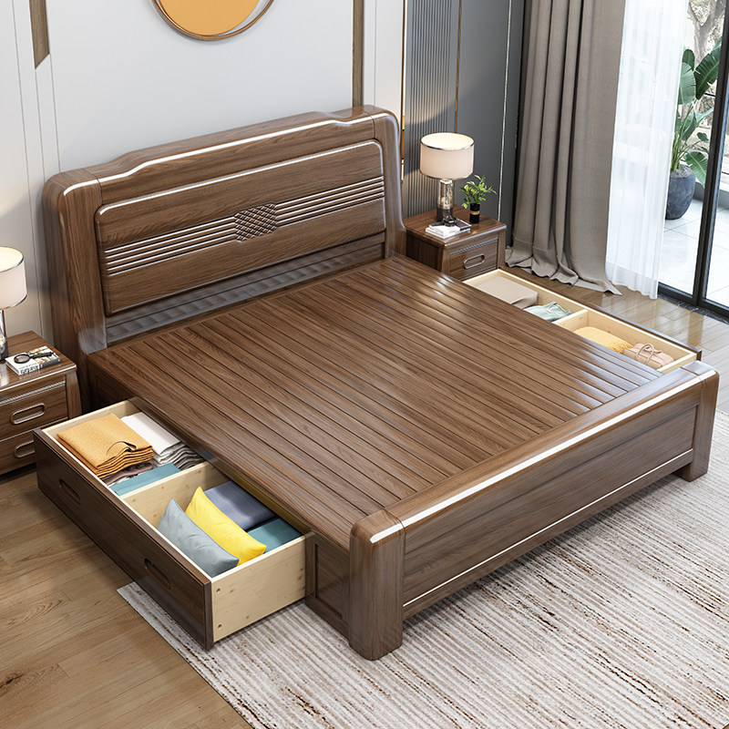 Walnut full solid wood bed 18m double bed new Chinese style modern minimalist 15m storage master bedroom furniture