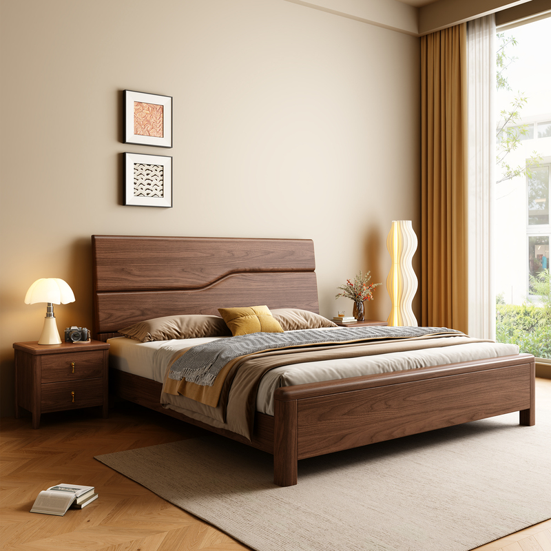 Guangdong Foshan Solid Wood Mortise and Tenon Structure Black Walnut Bed 1.8m Double Bed Modern Minimalist Master Bedroom Large Bed