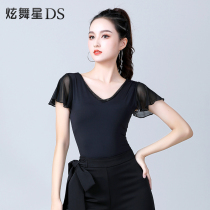 Latin Dance Mesh Yarn Blouse Summer V Collar Short Sleeve National Mark Dance Practice Modell Morden Dancing Clothes Women