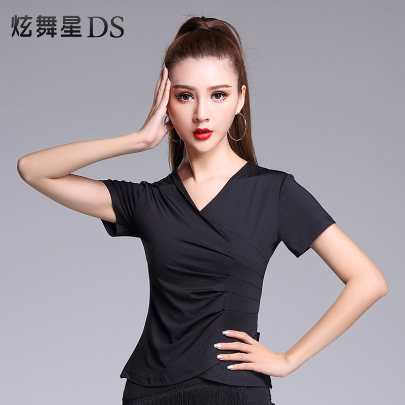 Latin dance blouses female adult black dance suit 2021 new short sleeve V collar folds display slim social dance costumes