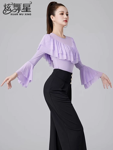 Современные танцевальные упражнения с высоким роговым рукавом -Лиф края латиноамериканская танцевальная рубашка танцевать танце