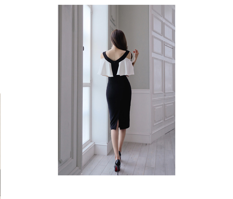 VK旗艦店 韓國風時尚黑白拼色斗篷性感修身職業包臀短袖洋裝