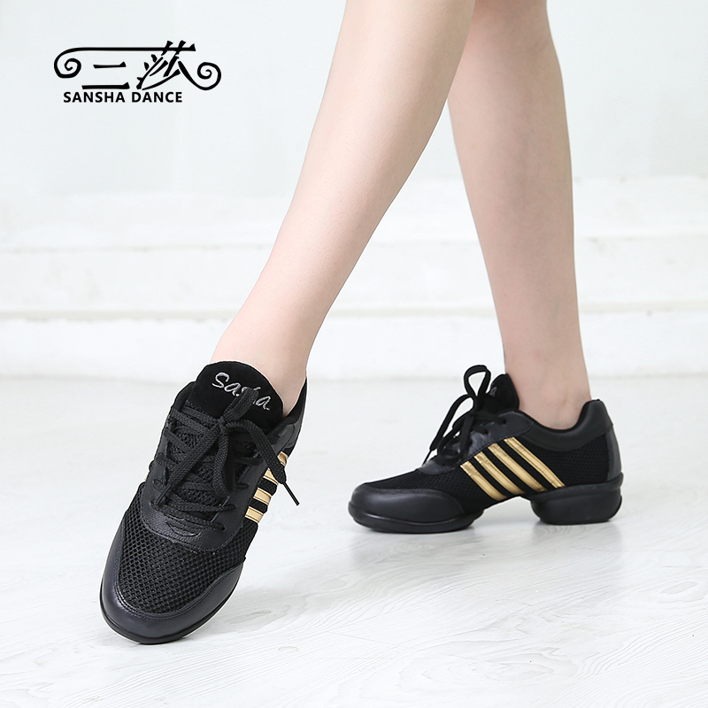 Three Esha Jazz Dance Shoes Mesh Face Women's Dance Shoes Soft Bottom Modern Square Dance Shoes Canvas Black Dancing Shoes Summer