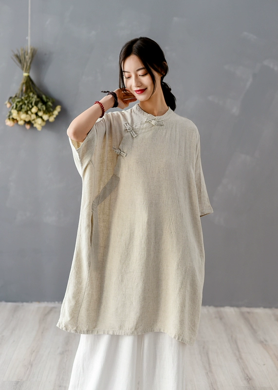 Váy ngắn tay bằng vải cotton và vải lanh cho nữ, kiểu Trung Quốc, size lớn, xiên que, nút đĩa, cổ áo đứng, áo choàng dài, quần áo kiểu Phật - Cộng với kích thước quần áo