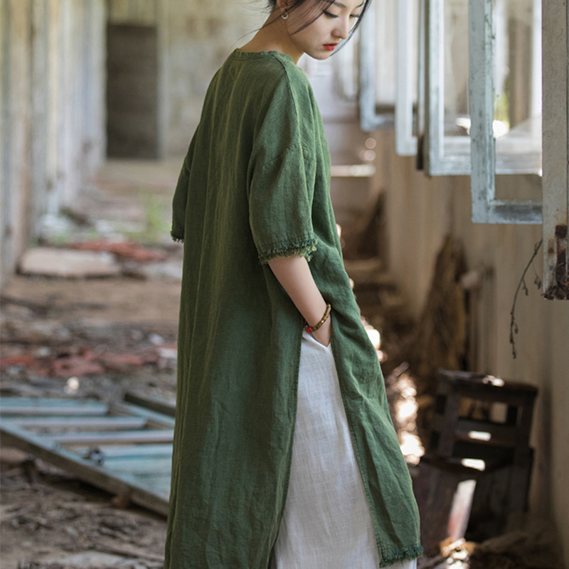 2026 Retro Frayed High-Slit Artistic Robe Loose Plus-Size Zen-Style Long Cotton-Linen Short-Sleeve Dress for Women
