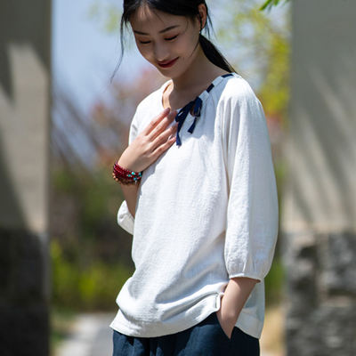 Retro cotton and linen T-shirt with contrasting colors, elegant butterfly tie linen short-sleeved top, loose and slimming linen versatile shirt