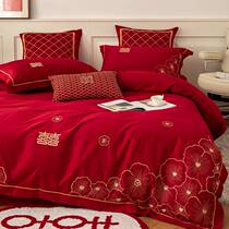 100 velvet cotton newly married four pieces of pure cotton quilt quilt red happy to be served on a single bed in a married bed 4